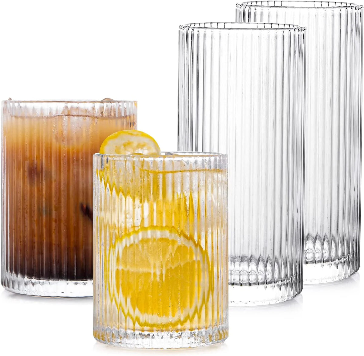 Set of 4 Origami Style Glass Cups, 2 Highball & 2 Rocks Glasses Z3435