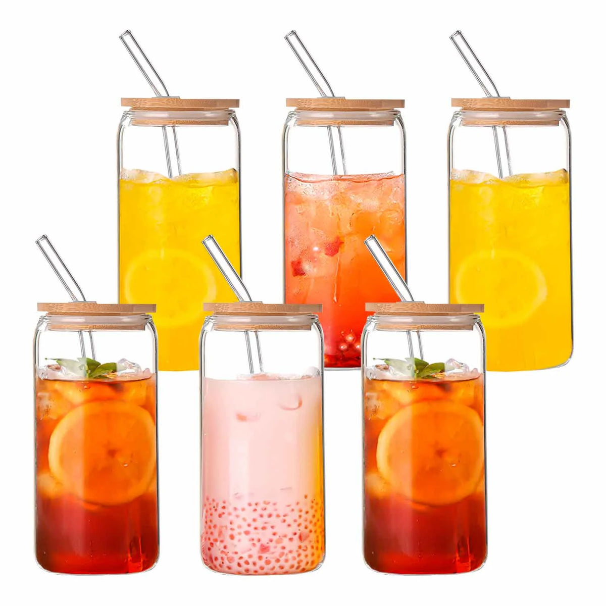 Can Shaped Glass Cups with Bamboo Lids and Glass Straw 6pcs P56865