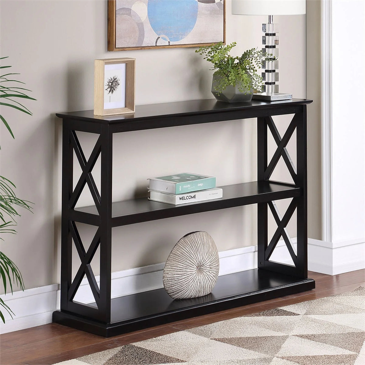 Black Wood Console Table with Shelves I5472
