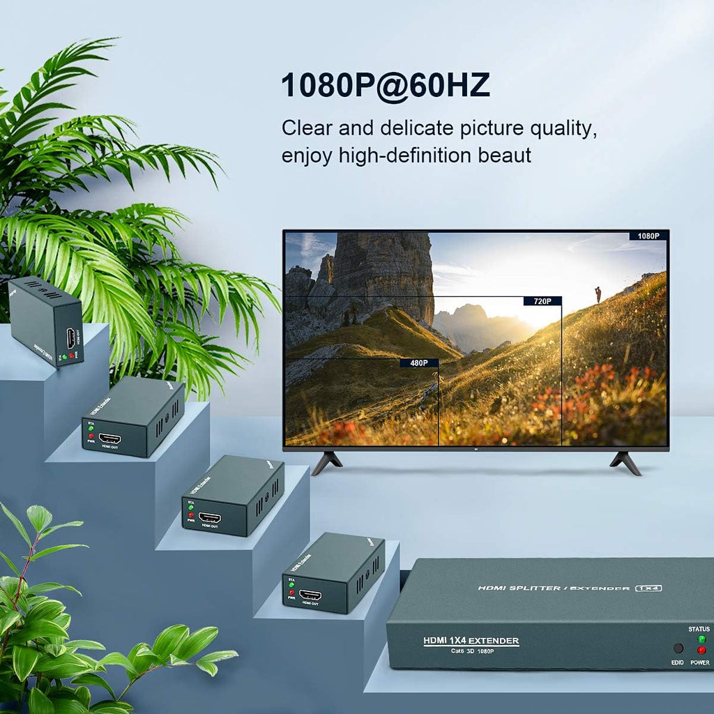 HDMI Extender Splitter 1x4, 1080P@60Hz, 165ft Over CAT5e/CAT6/CAT7 Cable X68299