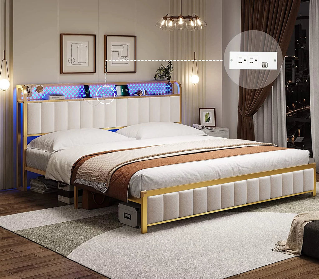 King Size White Upholstered Bed Frame with Charging Station U7553