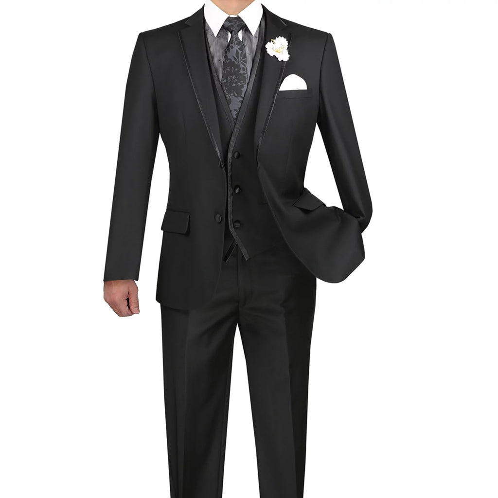 Men's Slim-Fit 3-Piece Textured Solid Lapel Suit - Black 50L S8263