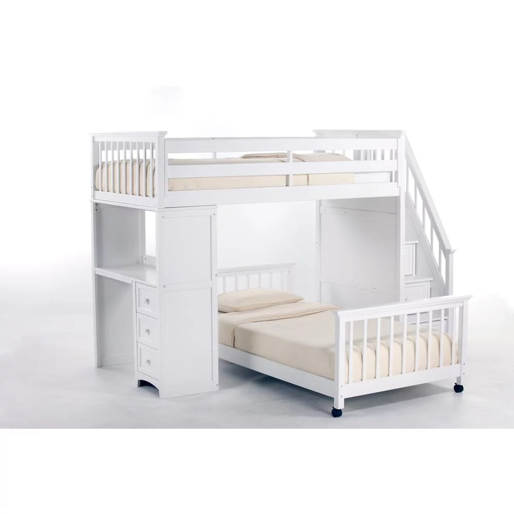 White Wood Loft Bed with Desk and Twin Lower Bed H431