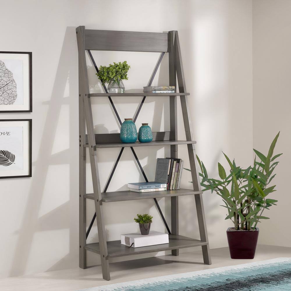 Gray Wood 4-Shelf Ladder Bookcase S480846
