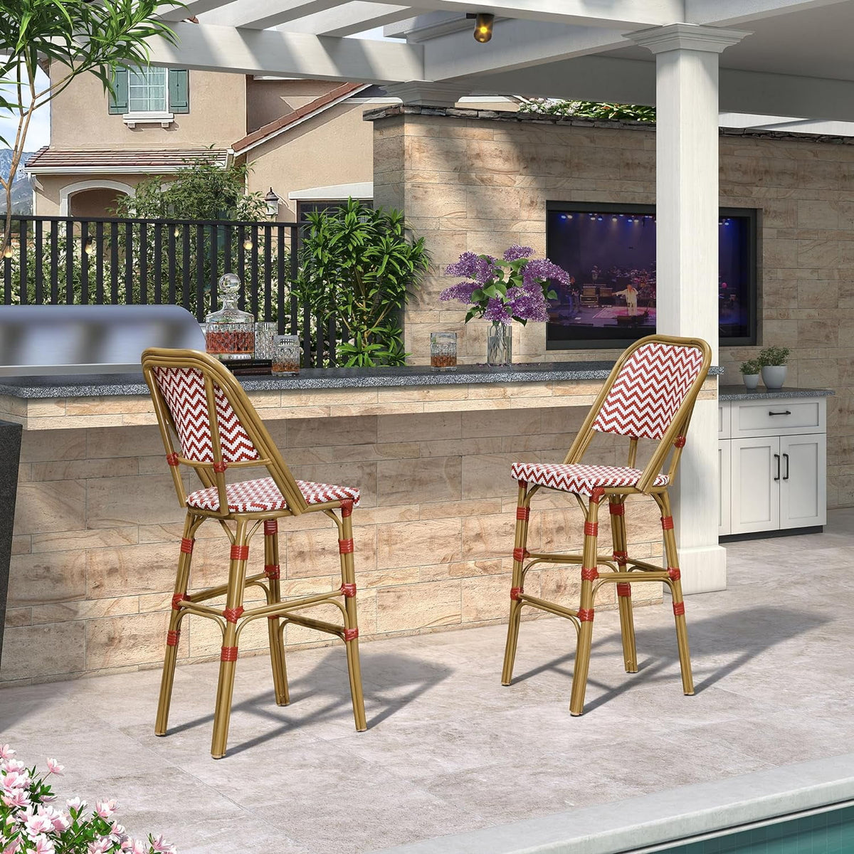 Set of 2 Red Aluminum Rattan Bar Stool R443