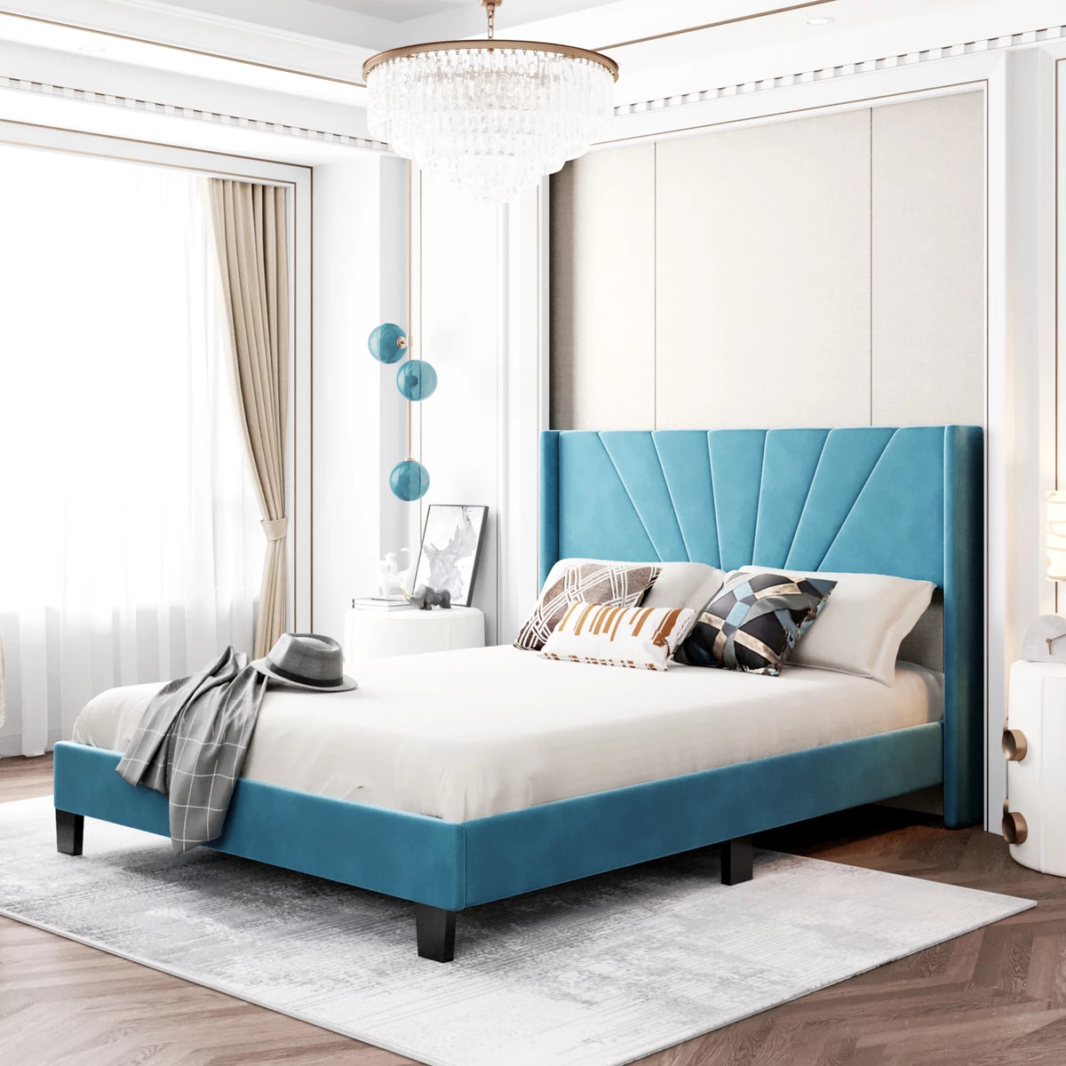 Blue Velvet Upholstered Queen Size Platform Bed Frame with Headboard G759846