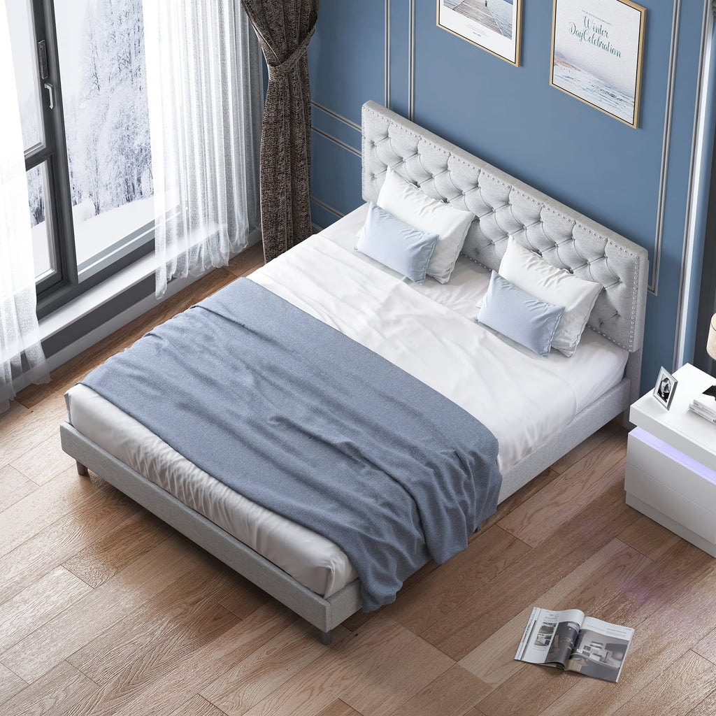 King Upholstered Platform Bed Frame with Adjustable Headboard Q5678