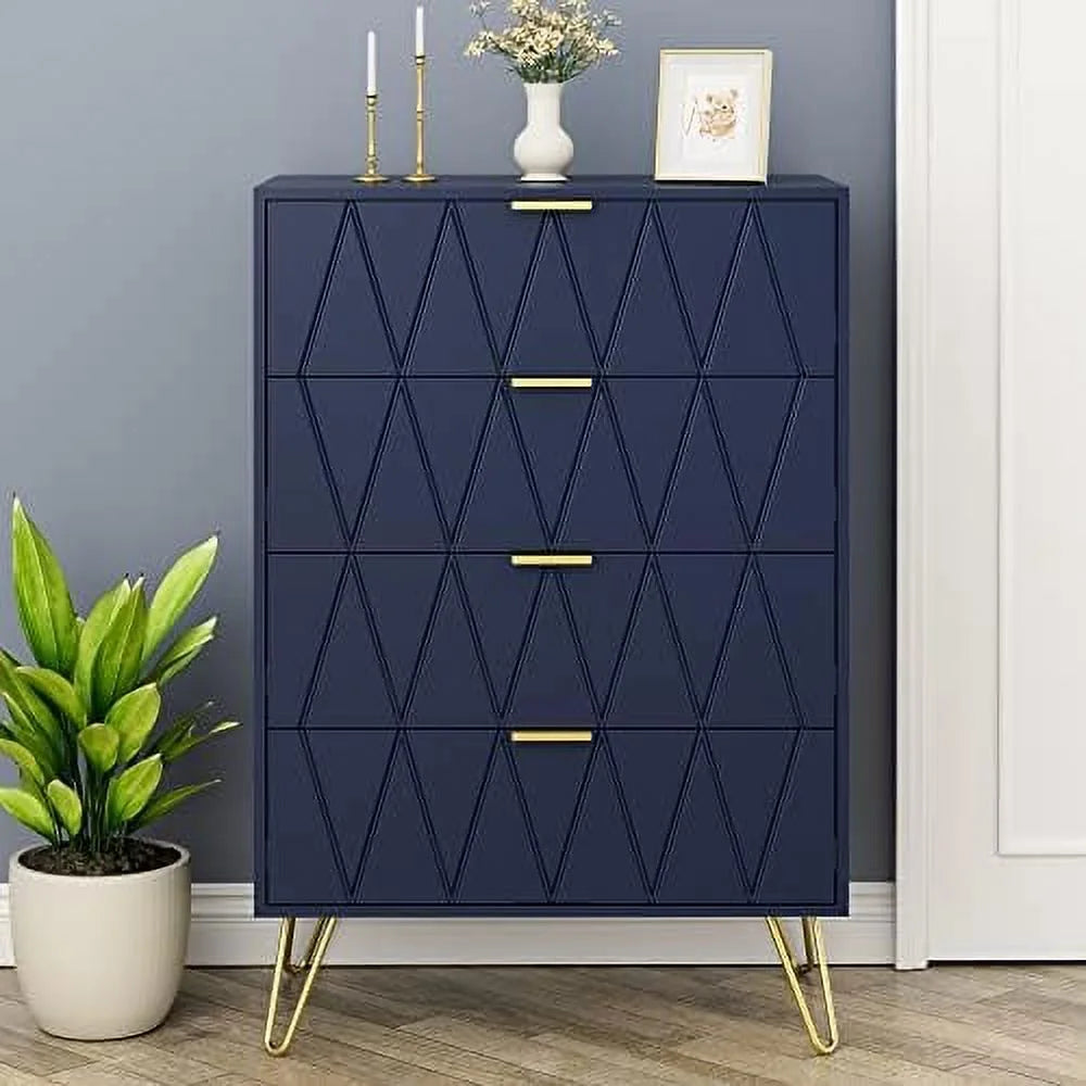 Navy Blue 4 Drawer Dresser with Gold Handles A908