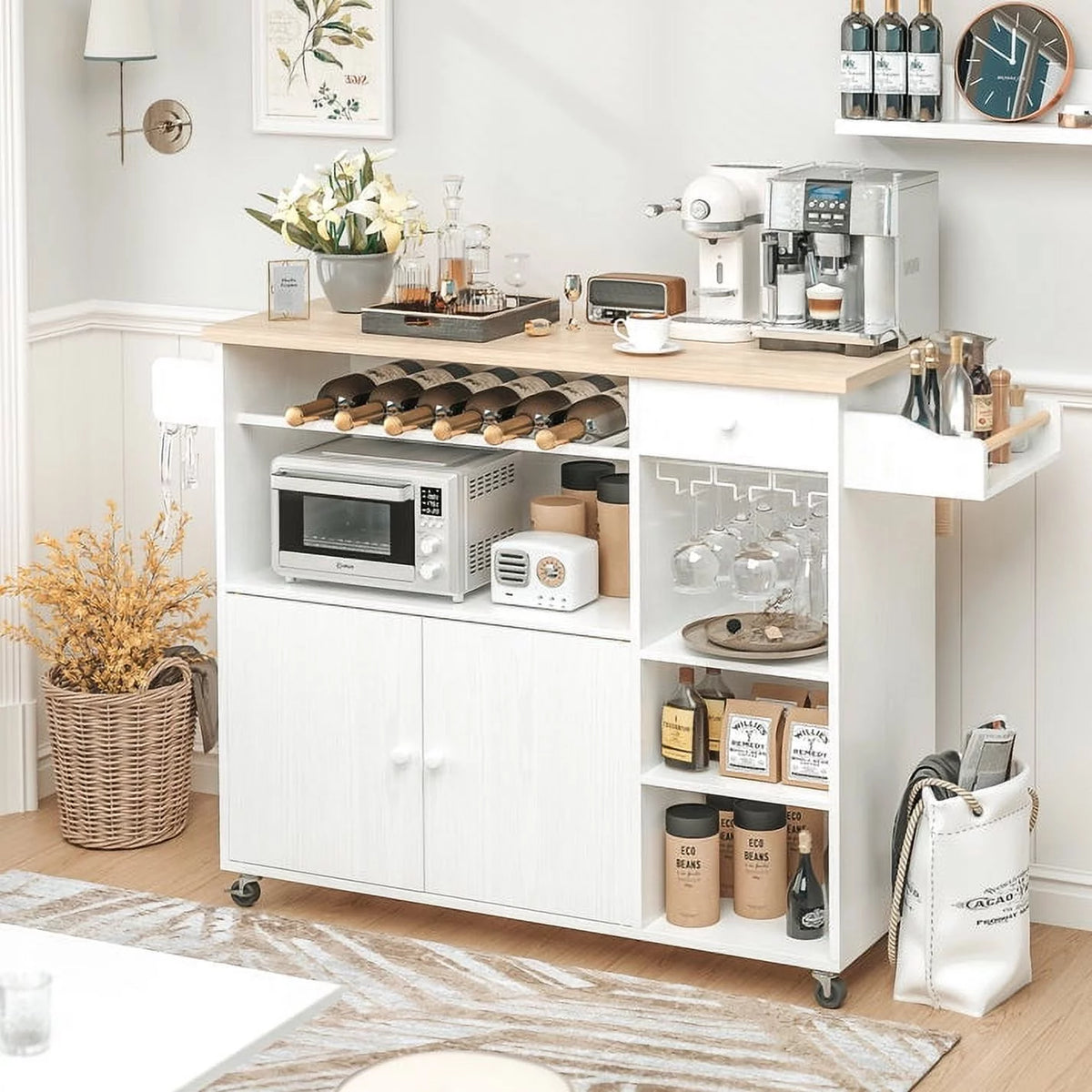 White Rolling Kitchen Island Cart with Drop-Leaf and Wine Rack Z368610