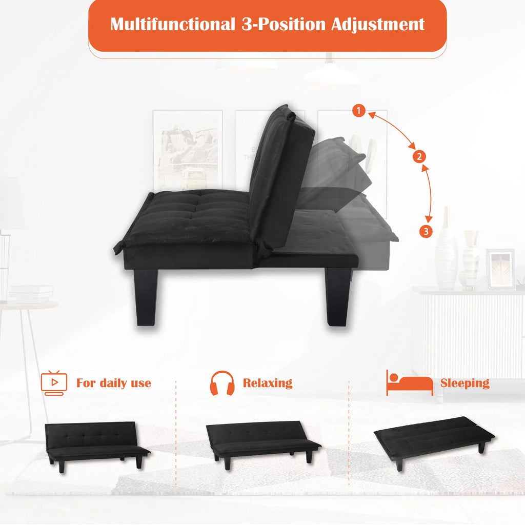 63.8 inch Black Faux Suede Convertible Futon Sofa Bed J933