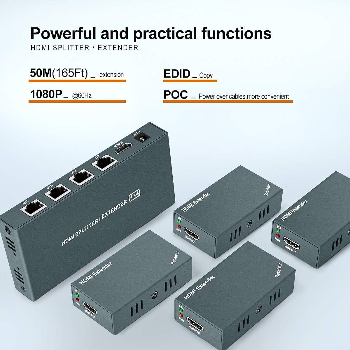 HDMI Extender Splitter 1x4, 1080P@60Hz, 165ft Over CAT5e/CAT6/CAT7 Cable X68299