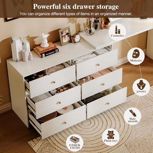 Modern Corner Vanity Table with LED Mirror and 6 Drawers T6010