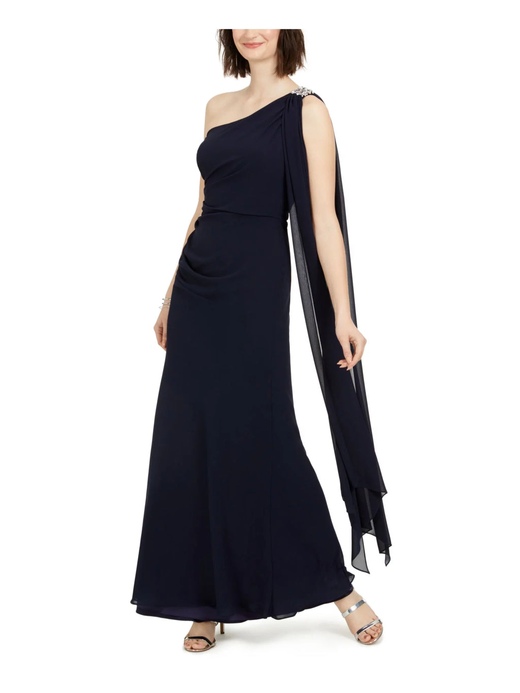 Navy Stretch Embellished One-shoulder Chiffon Maxi Dress A665