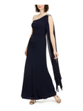 Navy Stretch Embellished One-shoulder Chiffon Maxi Dress A665
