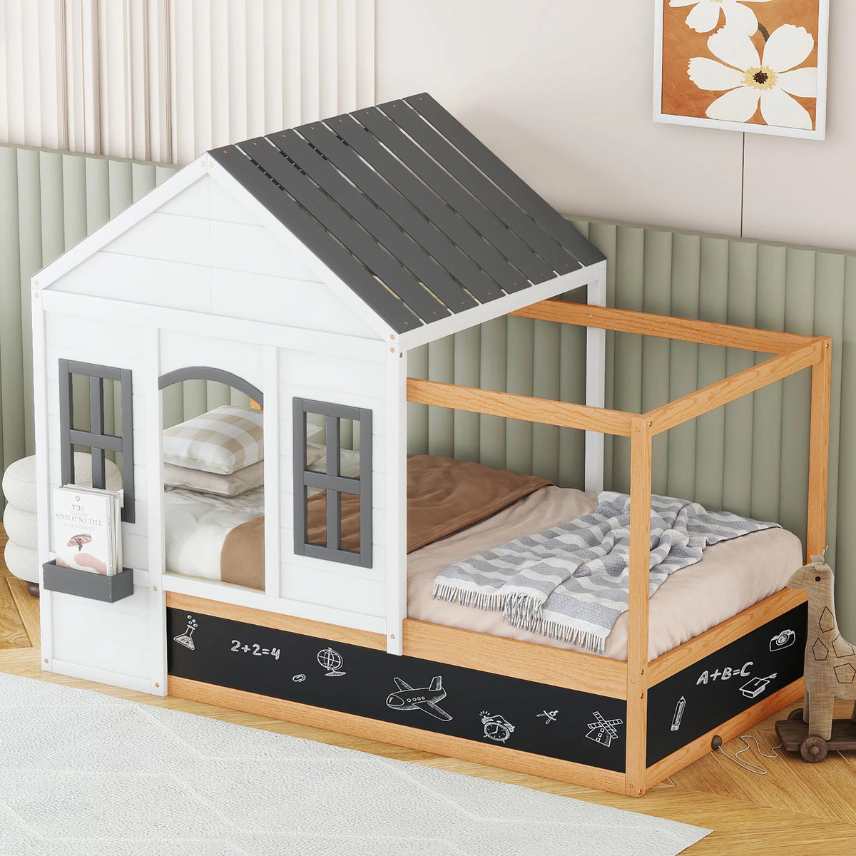 Twin Size House Shaped Canopy Bed with Black Roof and White Window O5015