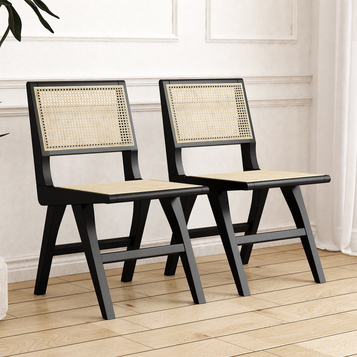 Rattan Wood Chairs Set of 2, Black R663549