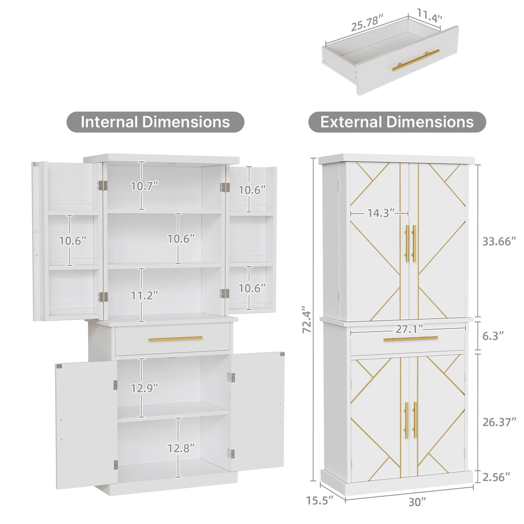 White 4 Door Freestanding Kitchen Pantry Storage Cabinet with Drawer and Adjustable Shelf C721231