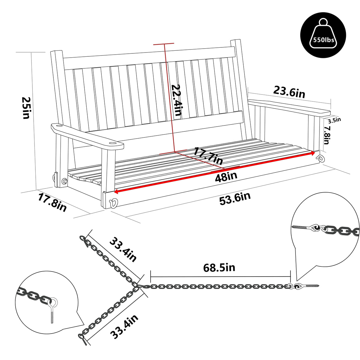 Wooden Porch Swing 4ft with Chains 2-person Swing Bench O609
