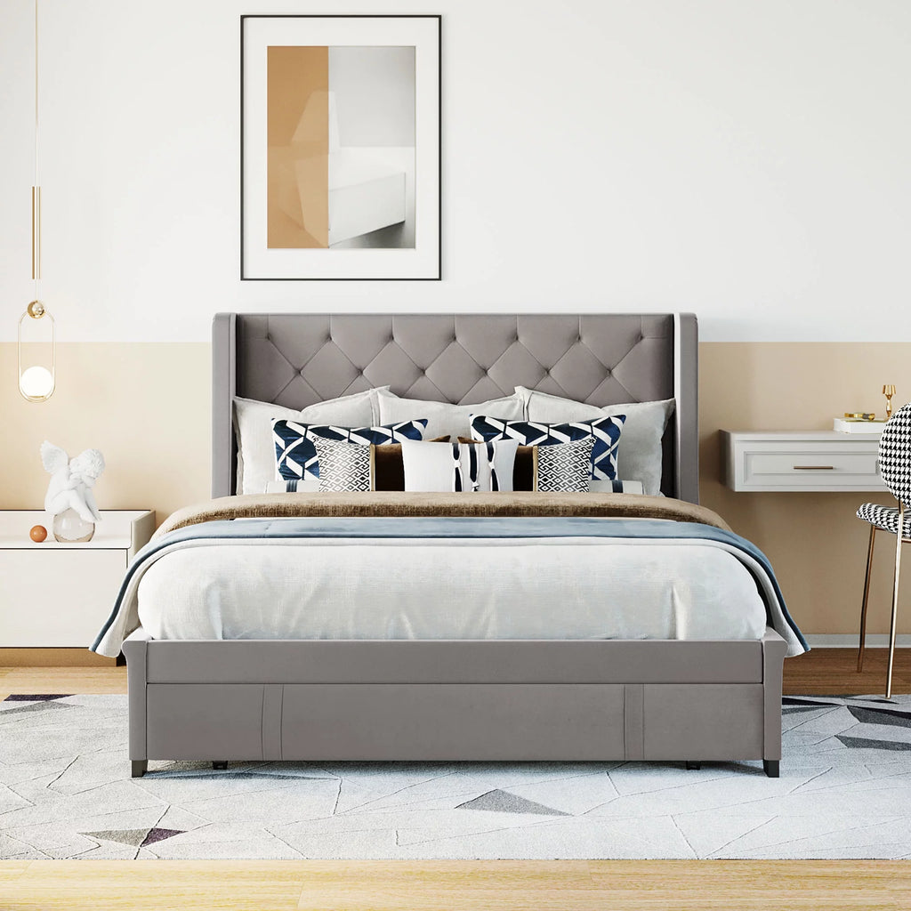 Grey Queen Size Upholstered Platform Bed with Wingback Headboard O99757