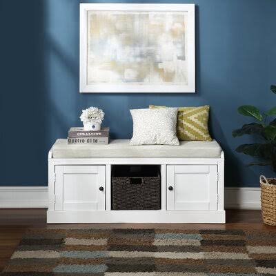 White Wood Storage Bench with 2 Cabinets and 1 Basket N909565