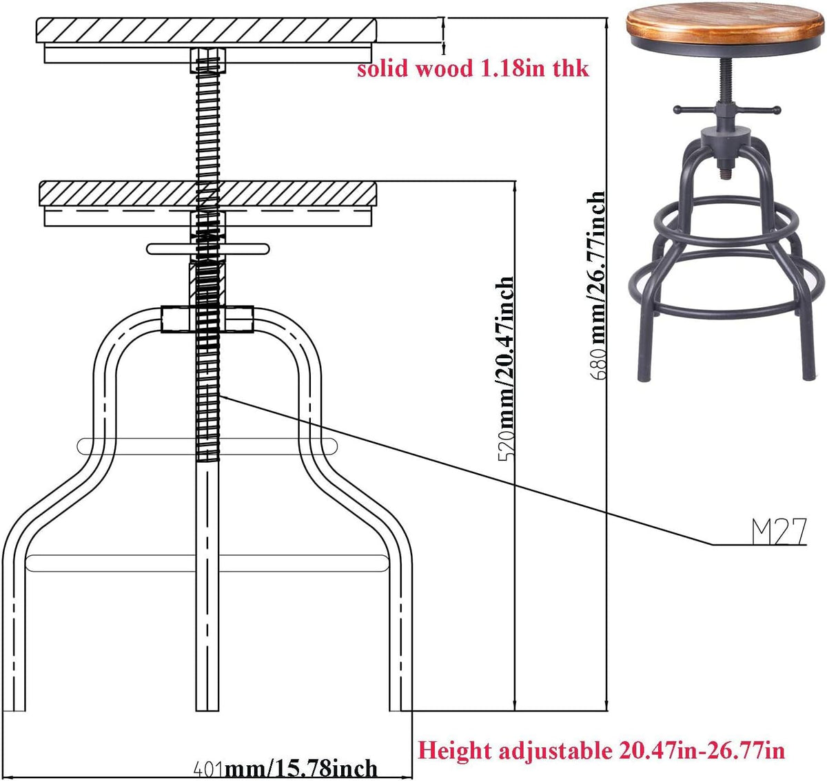 Adjustable Swivel Metal Bar Stool Set of 2 F617