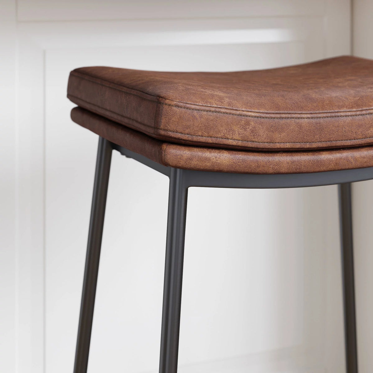 Brown Backless Upholstered Bar Stool with Metal Base O639