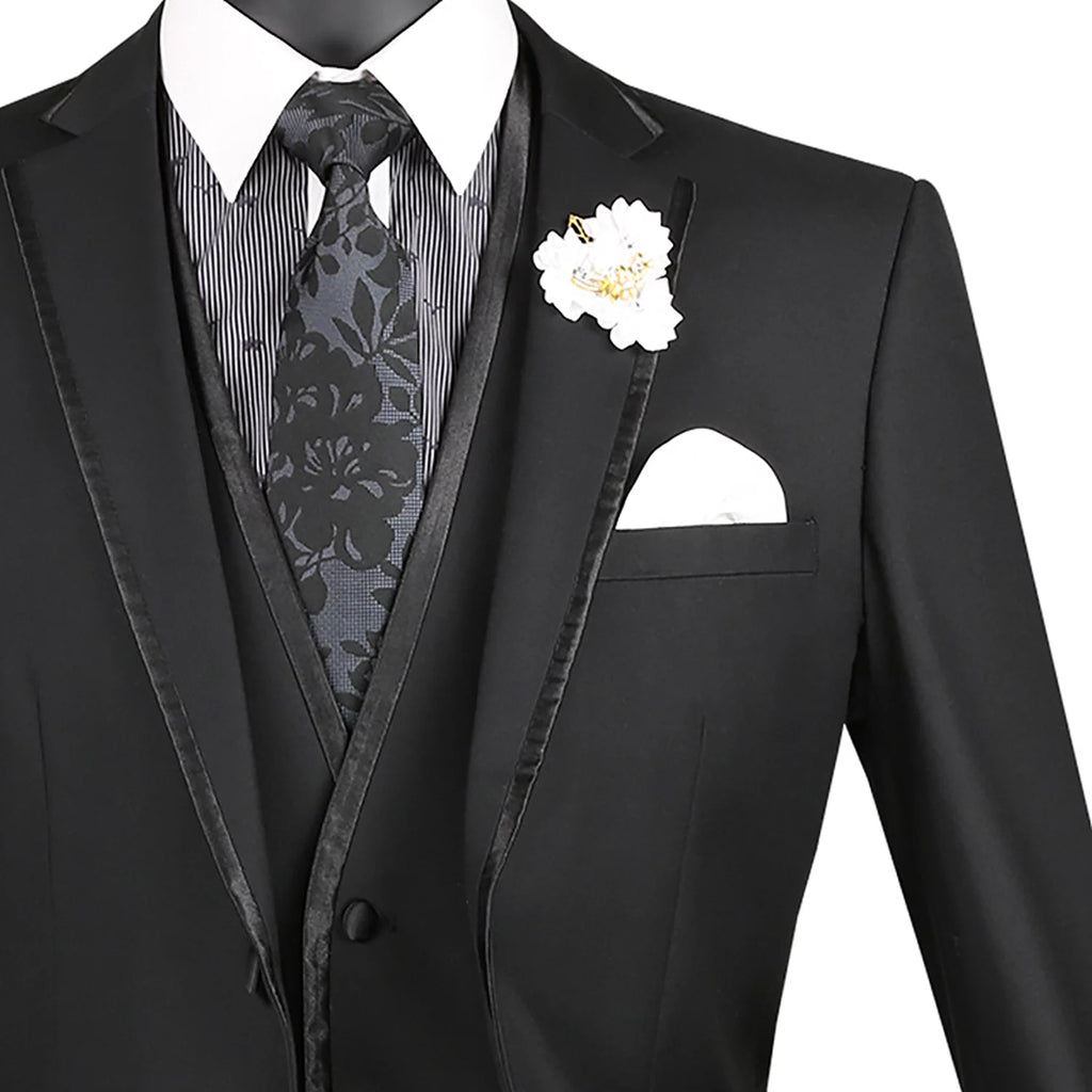 Men's Slim-Fit 3-Piece Textured Solid Lapel Suit - Black 50L S8263