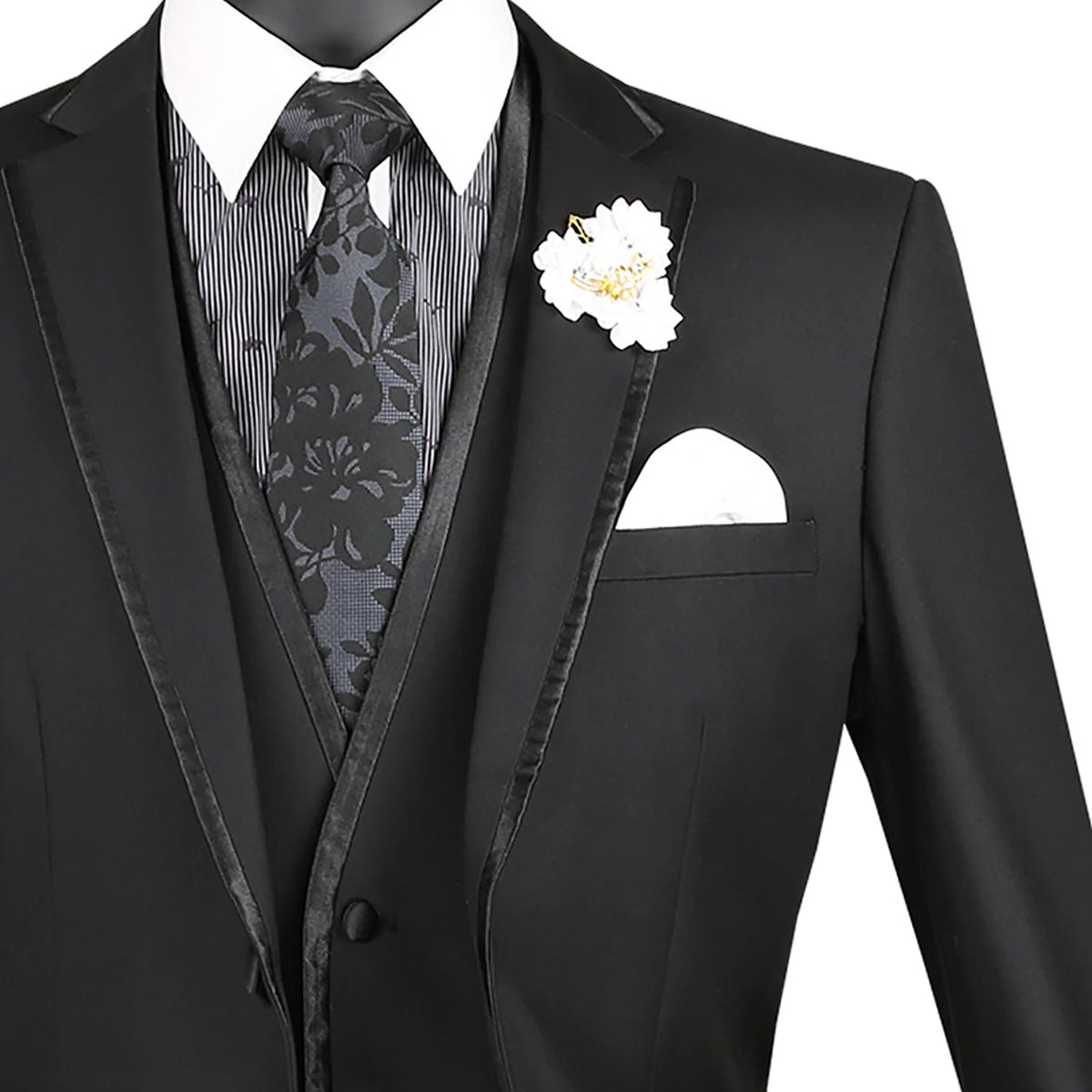 Men's Slim-Fit 3-Piece Textured Solid Lapel Suit - Black 50L S8263