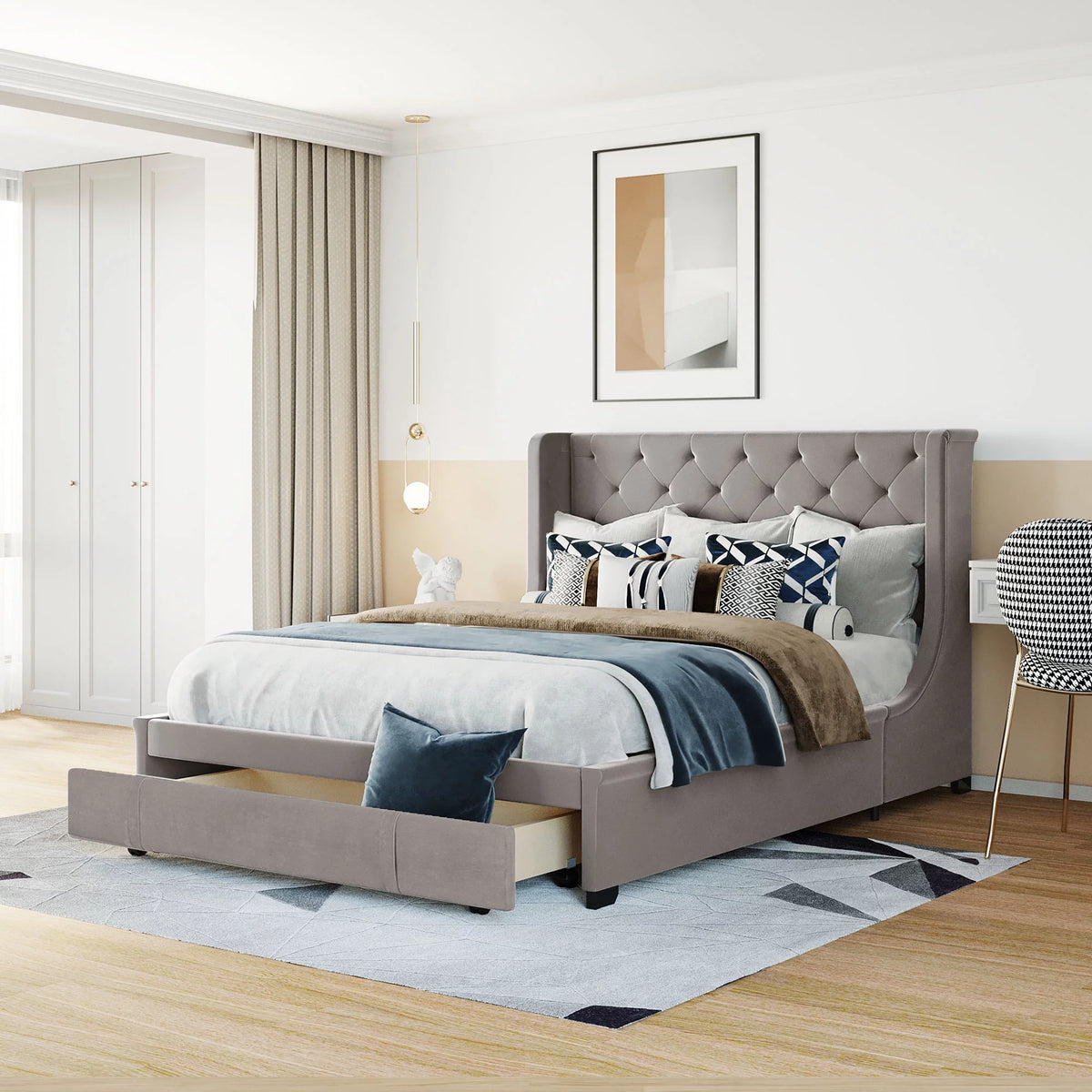 Grey Queen Size Upholstered Platform Bed with Wingback Headboard O99757