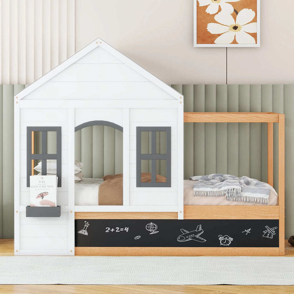 Twin Size House Shaped Canopy Bed with Black Roof and White Window O5015