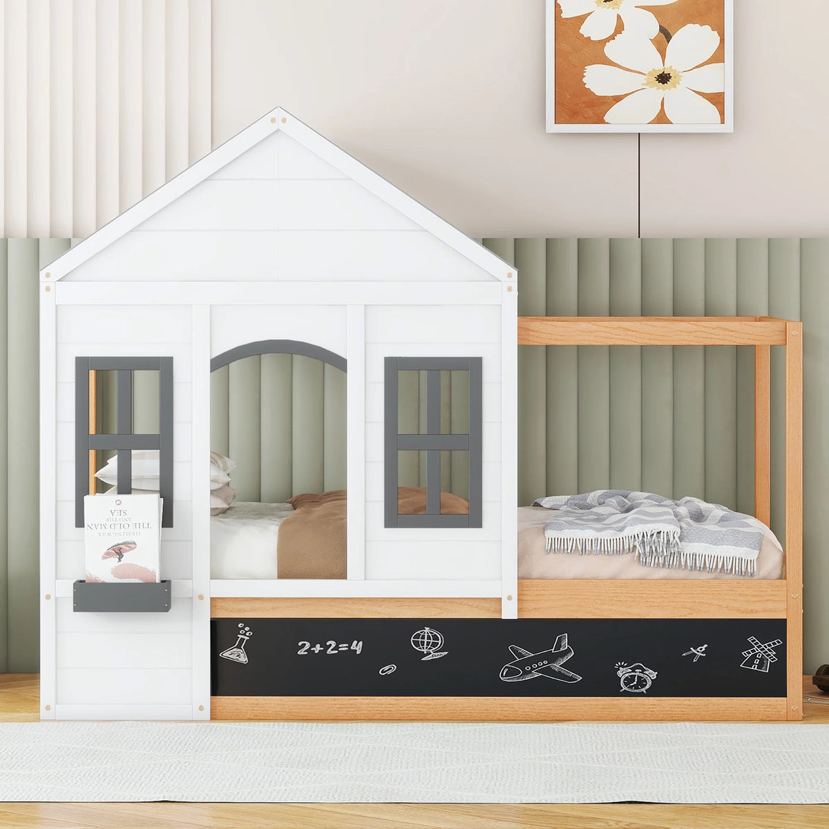 Twin Size House Shaped Canopy Bed with Black Roof and White Window O5015