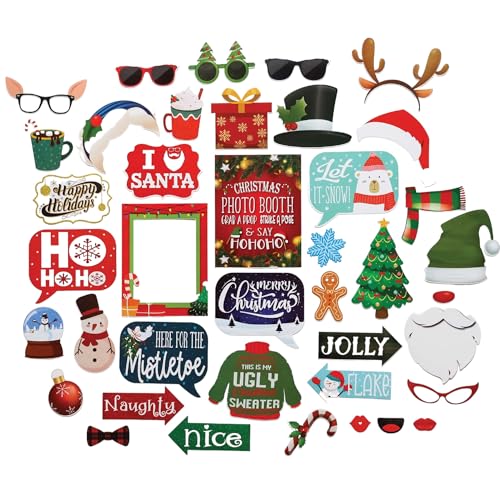 Christmas Photo Booth Props 41-pc Kit with Sign, Adhesive Pads, Sticks L22621