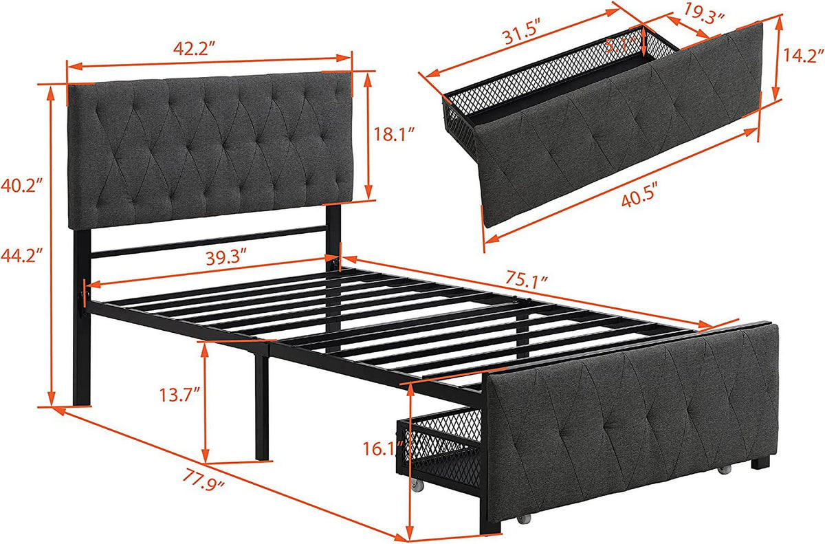 Queen Size Metal Platform Bed with Storage Drawer S484