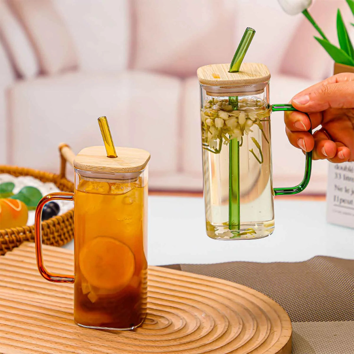 Green Square Glass Cups with Bamboo Lids and Straw A371