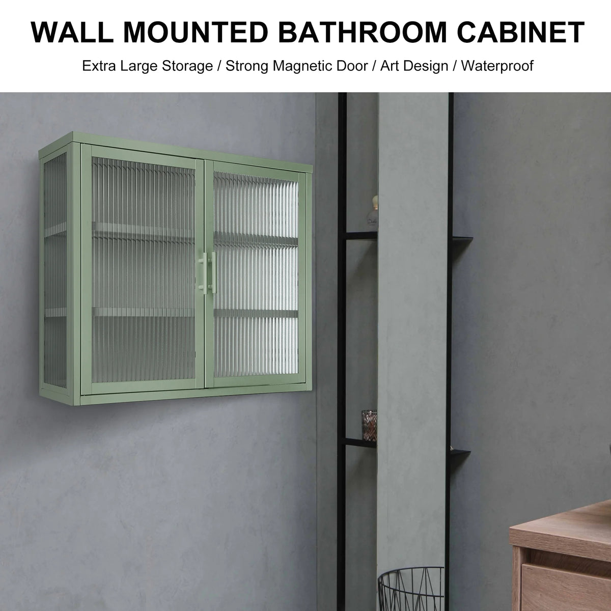 Mint Green Double Glass Door Wall Cabinet with Detachable Shelves D7372