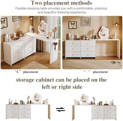 Modern Corner Vanity Table with LED Mirror and 6 Drawers T6010