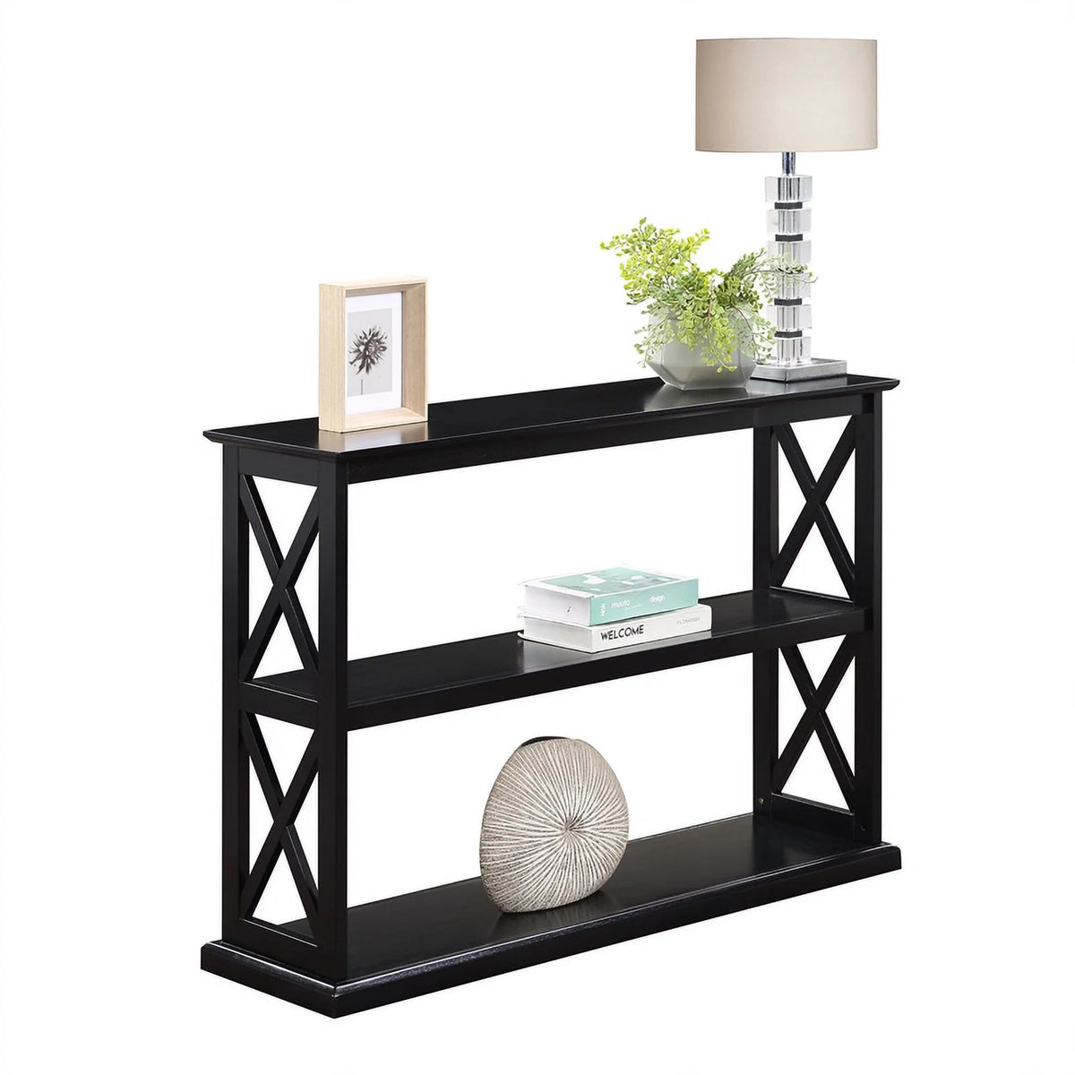 Black Wood Console Table with Shelves I5472