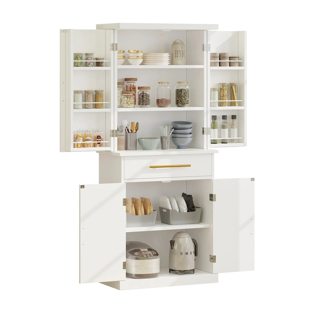 White 4 Door Freestanding Kitchen Pantry Storage Cabinet with Drawer and Adjustable Shelf C721231