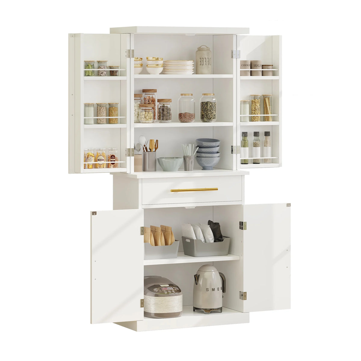 White 4 Door Freestanding Kitchen Pantry Storage Cabinet with Drawer and Adjustable Shelf C721231