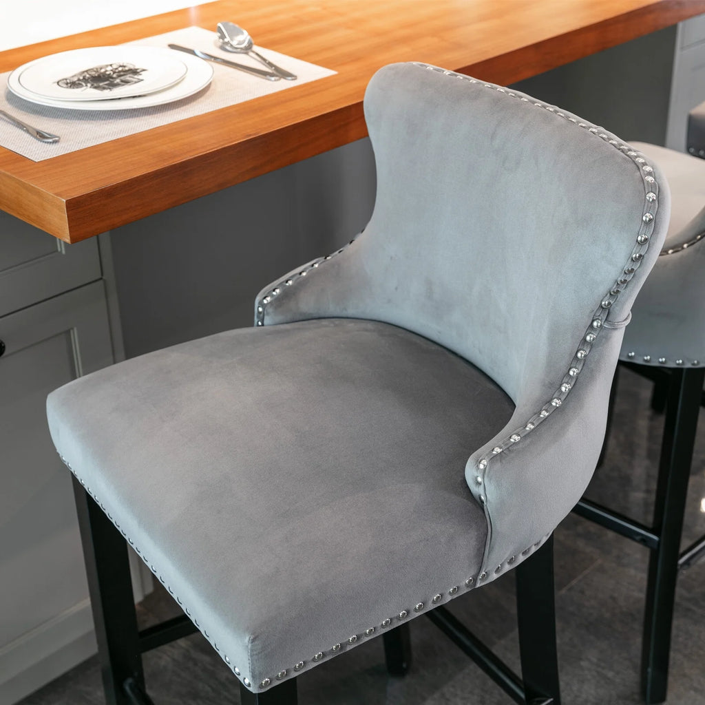 Velvet Wing-Back Upholstered Bar Stools Set of 2 with Solid Wood Legs U83451