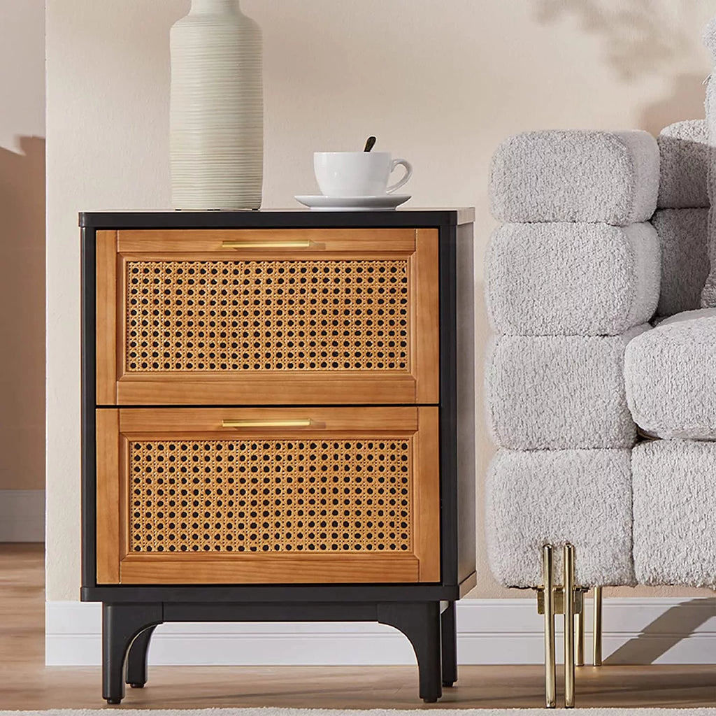 Black Woven Rattan Nightstand with 2 Wood Drawers K443196