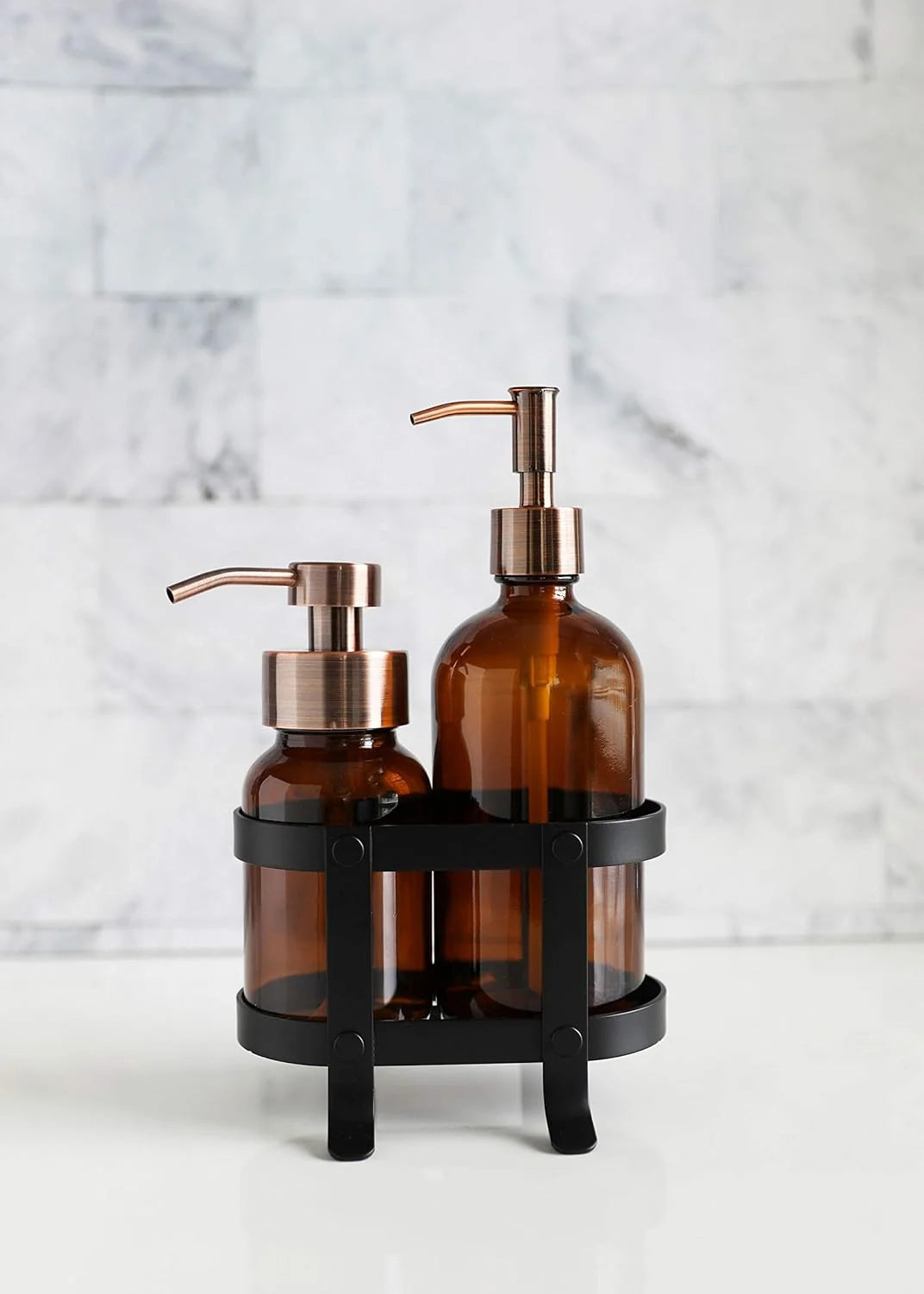 Amber Glass Soap Dispenser Set With Caddy Stand X479308