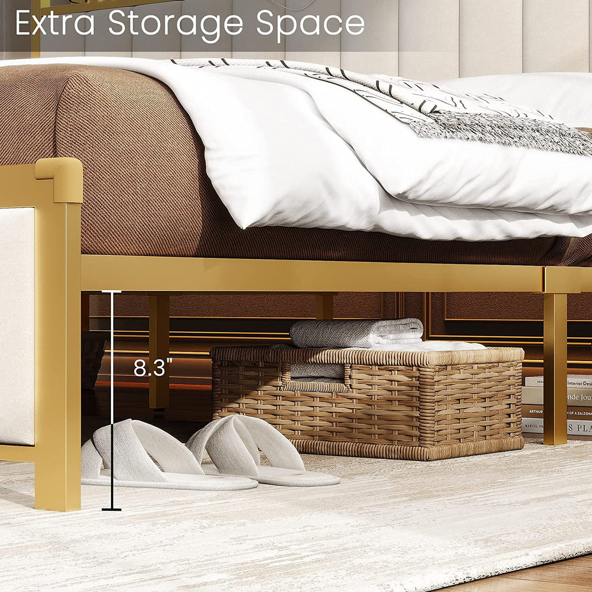 King Size White Upholstered Bed Frame with Charging Station U7553