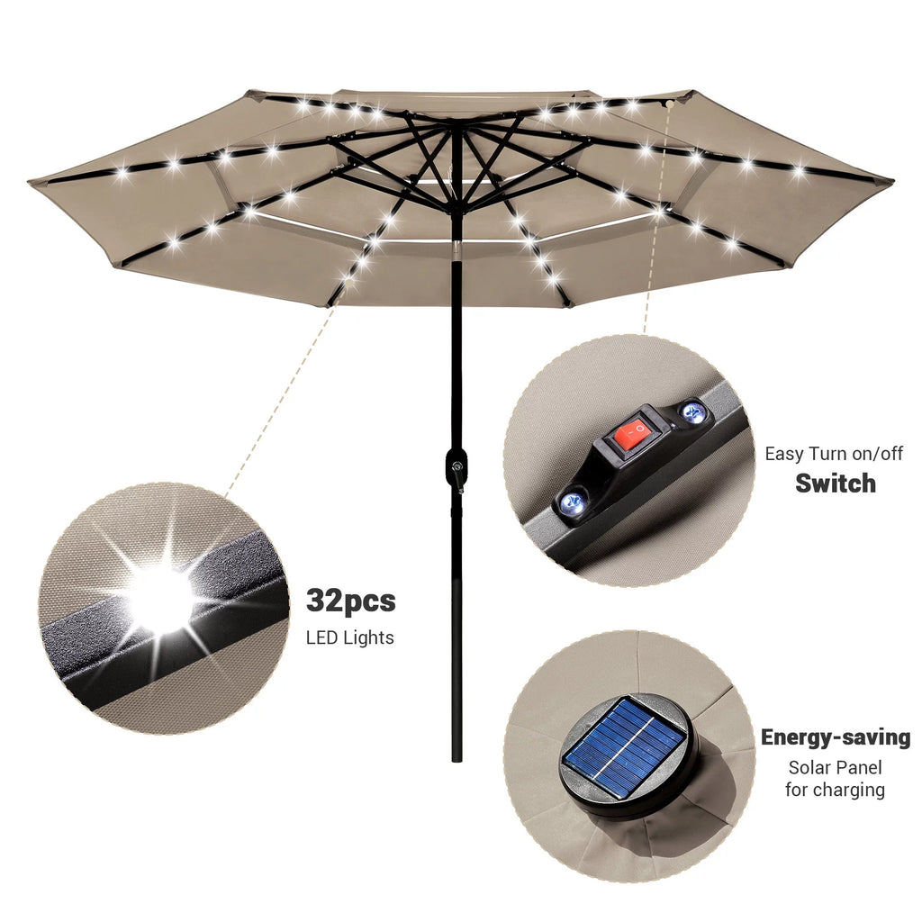 10 Ft 3 Tier Solar LED Patio Umbrella R1901