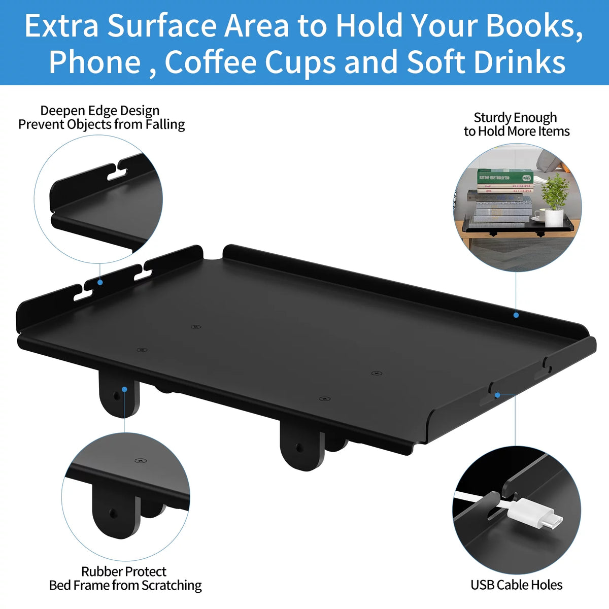 Bedside Shelf for Bed, Clip On Organizer Tray with Charging Slot, Black D33680