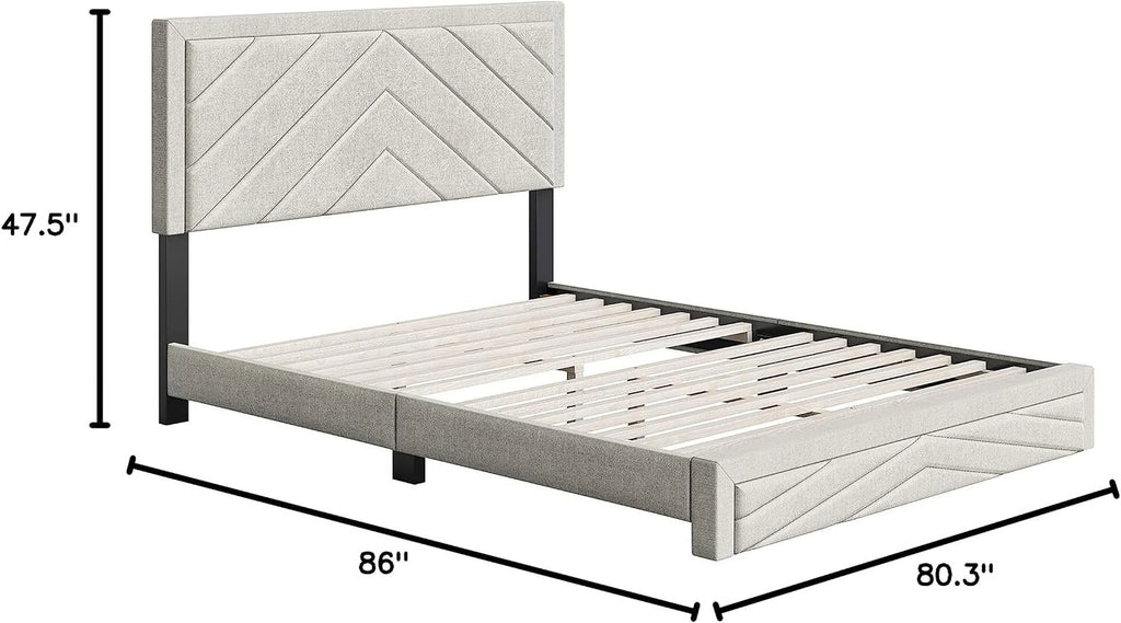 White Upholstered Platform Bed With Headboard And Wood Slat Supports King R60515