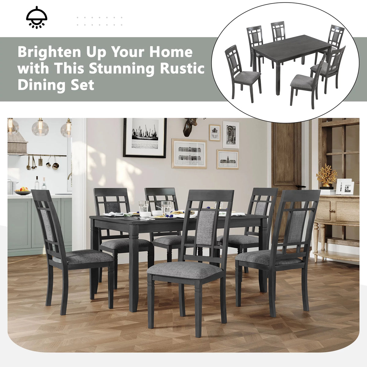 7 Pcs Dining Table and Chair Set with 6 Upholstered Chairs P695523