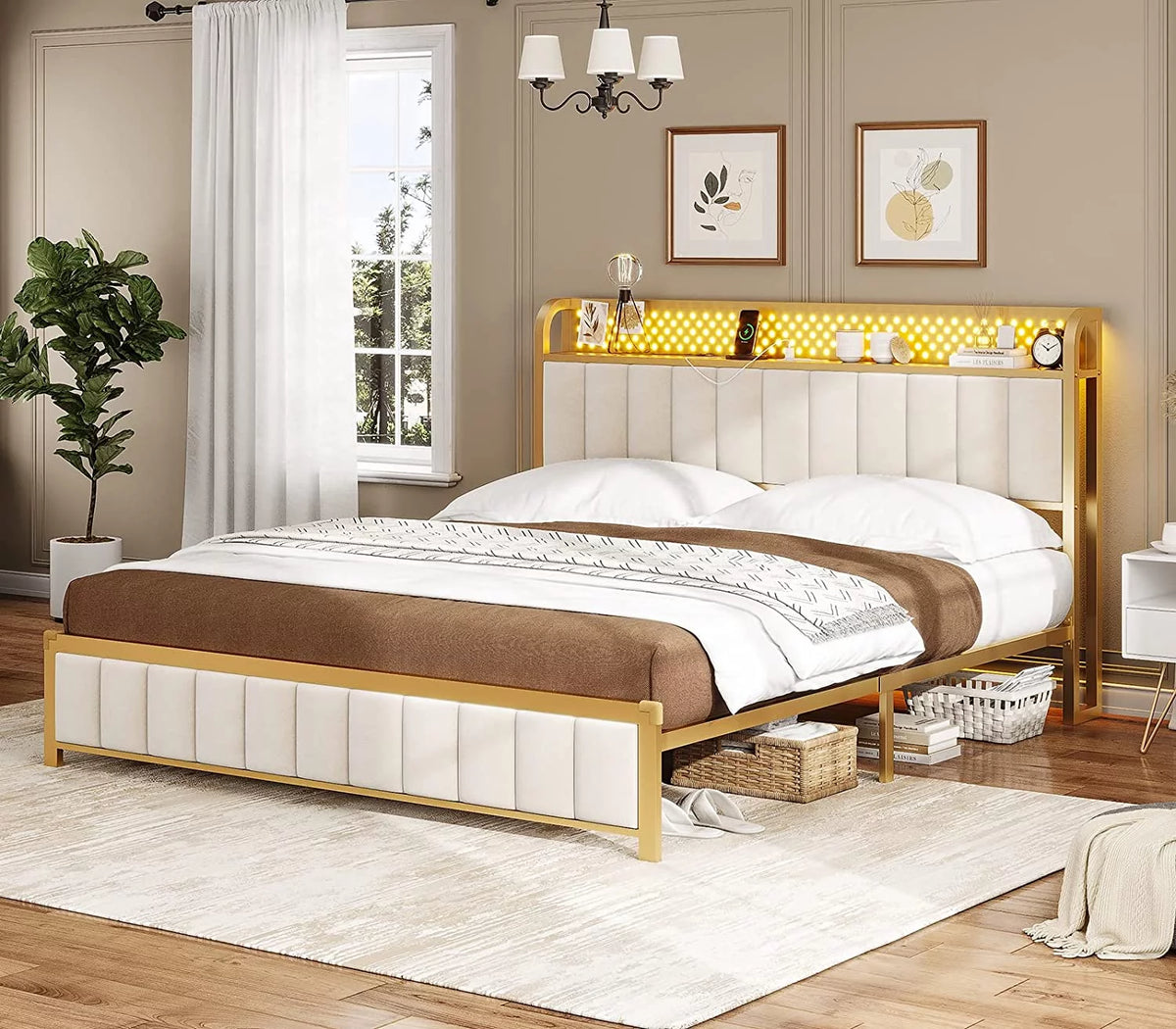 King Size White Upholstered Bed Frame with Charging Station U7553