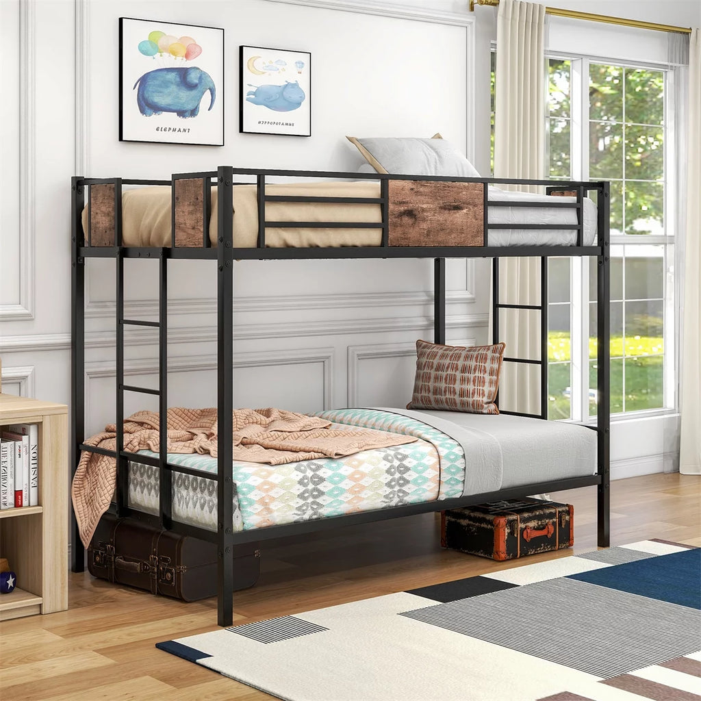 Black Metal Twin over Twin Bunk Bed with Stairs U261