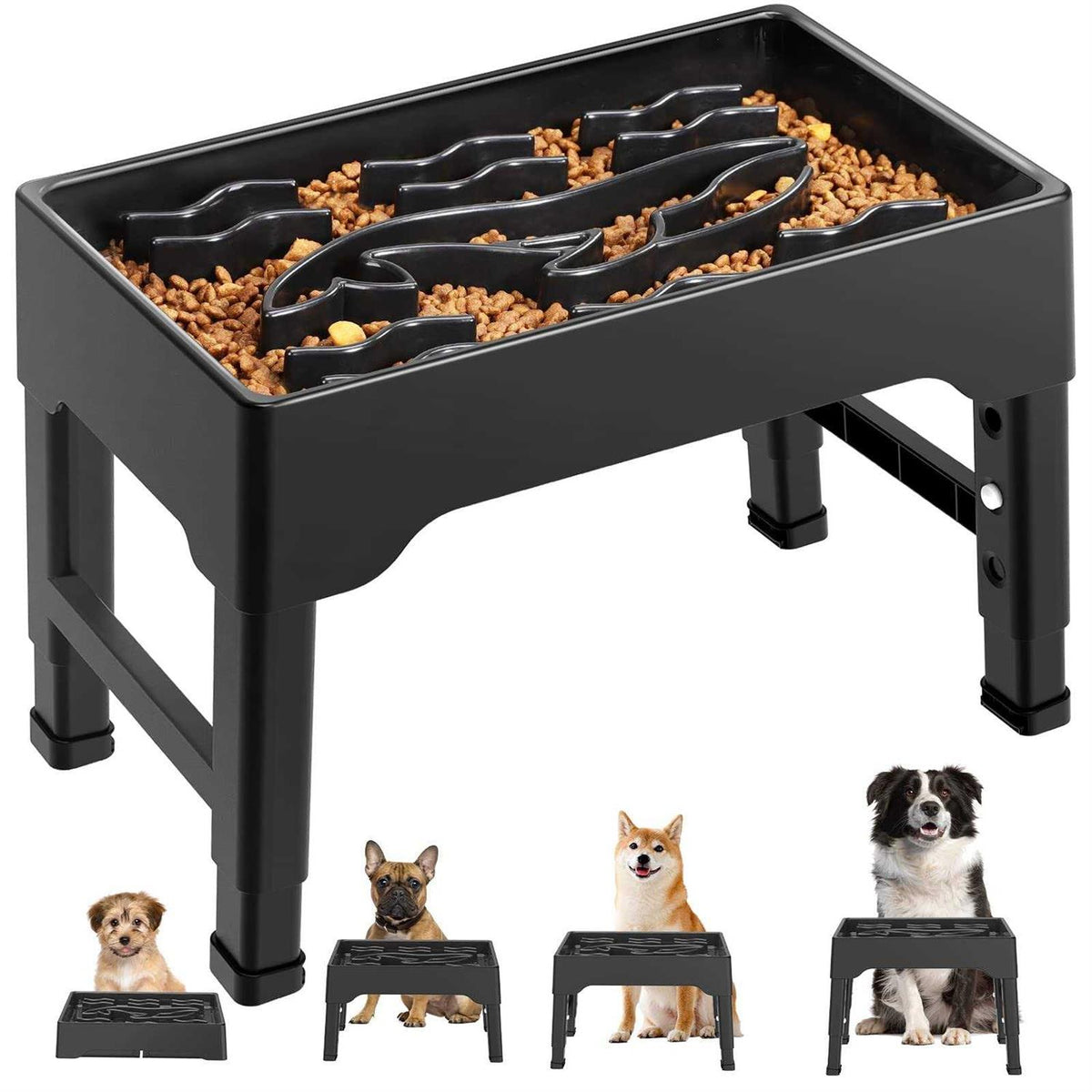 9 Cups Raised Slow Feeder Dog Bowls with 4 Adjustable Heights A290686